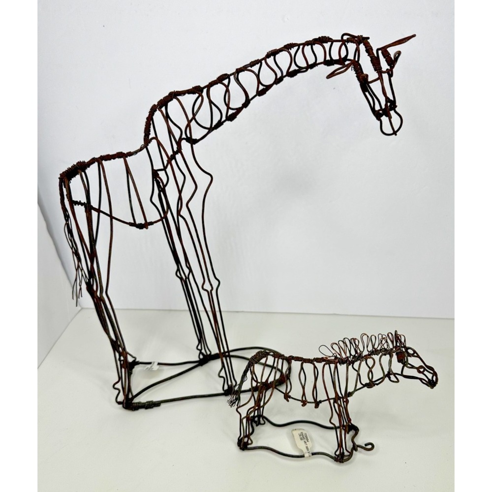 Giraffe Zebra Rustic Metal Wire Sculpture Figures Zoo Animal Decor Set 2